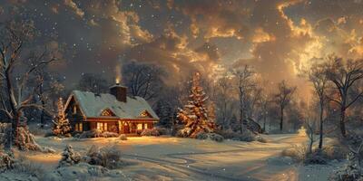Snowy landscape with house and Christmas tree in foreground photo