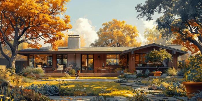 Pixelated house with trees, creating natural landscape photo