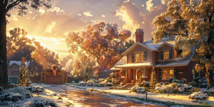 Pixel art of a snowy Christmas scene with house and trees photo