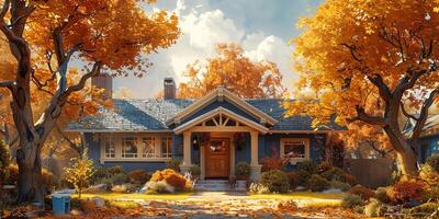 Charming Blue House in Autumn surrounded by vibrant foliage, picturesque and tranquil photo