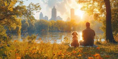 At sunset, a man and a dog are resting beside a lake photo