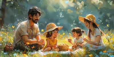 A family is enjoying a picnic in a beautiful field of flowers on a sunny day photo