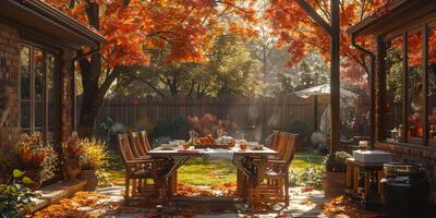 Table and chairs in the yard are covered with leaves, blending with nature photo