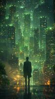 In the night, a man is standing in front of a modern cityscape photo