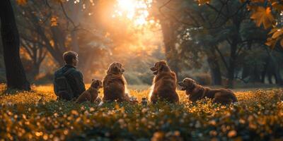 A man is relaxing with three dogs in a park under sunlight, surrounded by trees photo