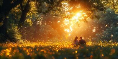 A man and a woman sit under a tree in a field of flowers at sunset photo