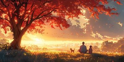 Man and two kids sit under a tree with a dog, enjoying nature photo