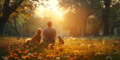 As the sun sets, one man is accompanied by two dogs in a field photo