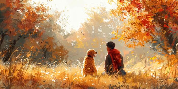 Pixel art of a man and his dog in a sunny grassy field photo