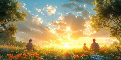 The family is happily seated amidst a colorful array of flowers as the sun sets photo