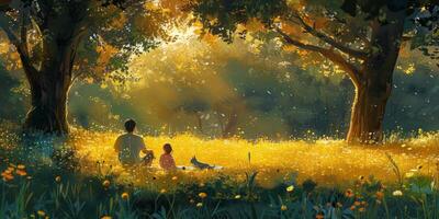 A man and a child are sitting under a tree in a field of flowers photo