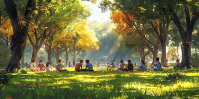 In a park, a group of individuals are relaxing under the shade of trees photo