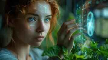 A woman with red hair and blue eyes looks at a plant in nature photo