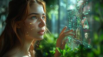 A woman is admiring a hightech display in a forest setting photo