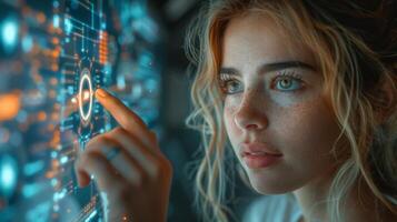 In the image, a woman is pushing a button on a modernlooking display screen photo