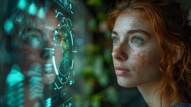 Futuristic technology visualization with a woman interacting with a holographic interface photo