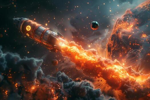 A rocket is soaring through the atmosphere in outer space surrounded by clouds photo