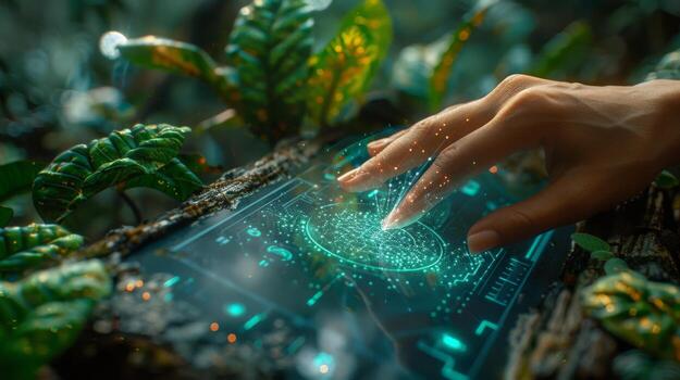 Person exploring jungle with futuristic tablet in green environment photo