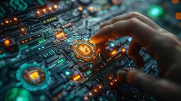 A person is pushing a button on a modern motherboard photo