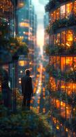 At night, a man is standing on a balcony, looking at a city photo