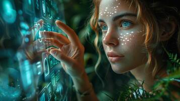 A woman with freckles gazes at a futuristic display screen photo