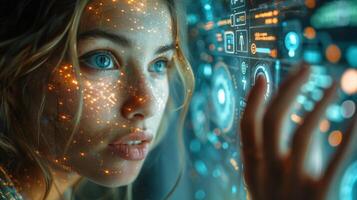 A woman looks at a screen with her face projected photo