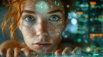 A detailed view of a woman s facial features with numbers displayed on her face photo