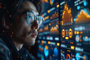 A man with glasses is peering at a computer monitor photo