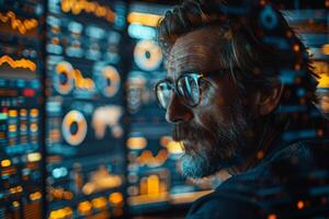 Man with glasses looks at a computer screen, in urban tech environment photo