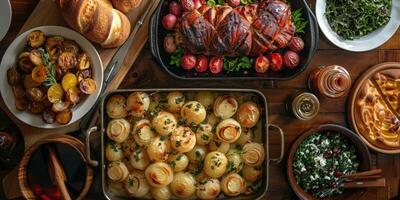 The table boasts an assortment of delicious food items for everyones enjoyment photo