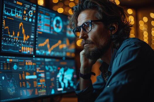 A man with glasses is glancing at a computer monitor photo