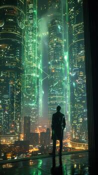 un hombre soportes en frente de un tecnológicamente avanzado ciudad a noche foto