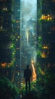 Man stands in city heart at night, amid buildings and plants photo