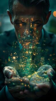Man with holographic projection of futuristic city, symbolizing scifi, technology, innovation photo