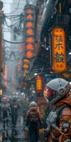 A man in a futuristic helmet strolls along the urban street photo