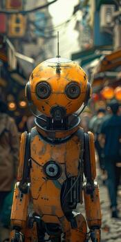 A robot on a cobblestone street in a wintery city embodies art and machine photo