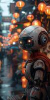 A robot in a helmet and scarf walks on a street with lanterns photo