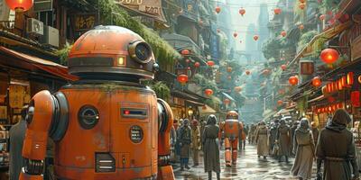 People walking down street with robot in foreground photo