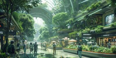 People walking in futuristic city with advanced technology photo