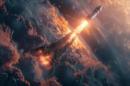 In a vast expanse of space, a rocket soars amidst the billowing clouds photo