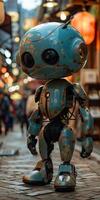 A blue robot is standing on a brick sidewalk in a city, next to a toy store photo