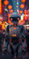 Futuristic robot in city at night surrounded by neon lights creates vibrant dynamic scene photo