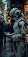 A robot on a street using a cell phone, with a winter cityscape photo