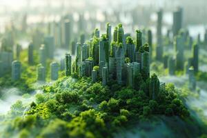 Green city with skyscrapers, technology, sustainable architecture, futuristic urban environment photo