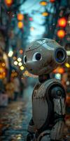 A robot on a cobblestone street among art sculptures and trees photo
