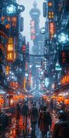 The urban scene showcases people amidst contemporary architecture photo