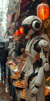 A robot is standing in front of a table with plates of food during an event photo