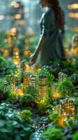 A woman stands in front of a city model in the wooded nature photo