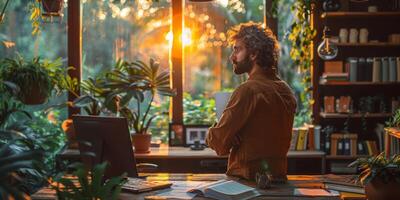 A man is sitting at a desk working on a laptop computer photo