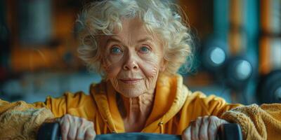An elderly woman with grey hair is smiling and lifting a dumbbell in a gym photo